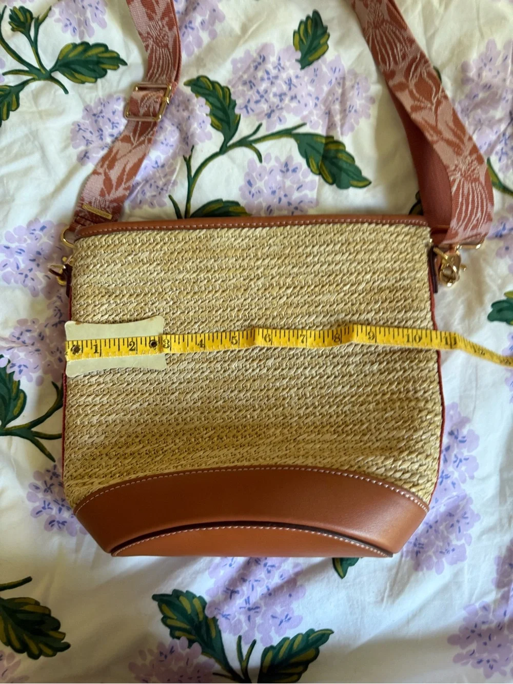 Stella & Dot Natural Straw Crossbody with Brown Leather Trim and Patterned Strap